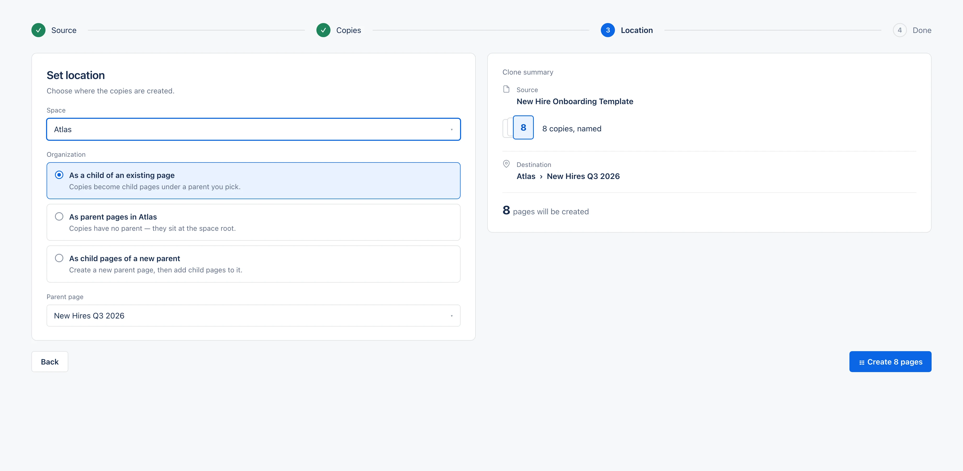 Choose destination space and parent page